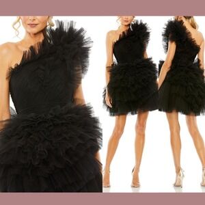 NWT $698 Mac Duggal [ 4 ] 20600 Tulle Ruffle One Shoulder Mini Dress Black J1661